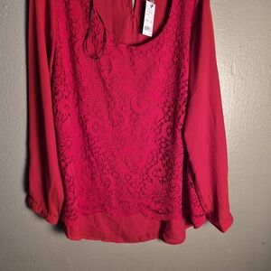 NY Collection Floral Lace Front Long-Sleeve Blouse - Red